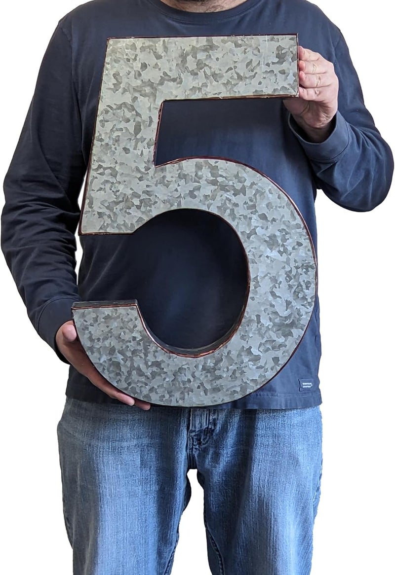 Science Purchase 20" Metal Number 5 (Five) Wall Decor, Silver with Rusted Edges, Galvanized Wall Mountable Decoration for Country, Mid-Century, or Farmhouse Themed Room or Event - Image 2